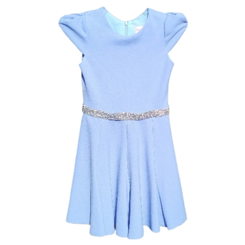 Zoe Ltd Kid's Sky Blue Dress with Glittering Silver Belt - Size 10